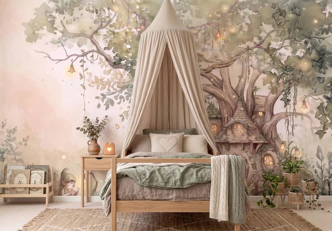 Fairy Tree House Wallpaper Mural Enchanted Forest Nursery Wall Decor Watercolor Fantasy Kids Room Wallpaper Peel Stick