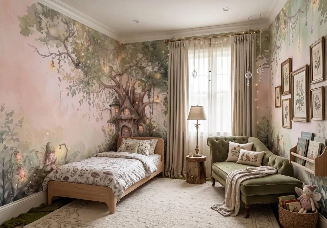 Fairy Tree House Wallpaper Mural Enchanted Forest Nursery Wall Decor Watercolor Fantasy Kids Room Wallpaper Peel Stick