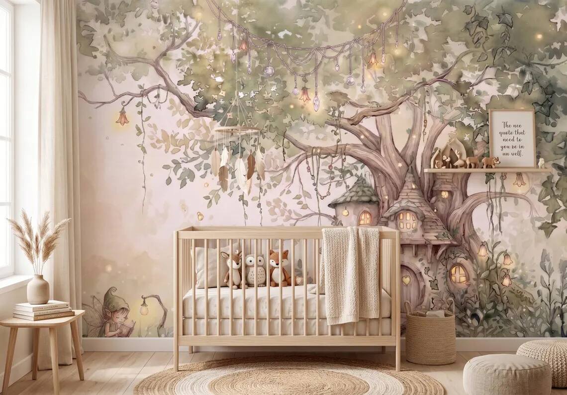 Fairy Tree House Wallpaper Mural Enchanted Forest Nursery Wall Decor Watercolor Fantasy Kids Room Wallpaper Peel Stick