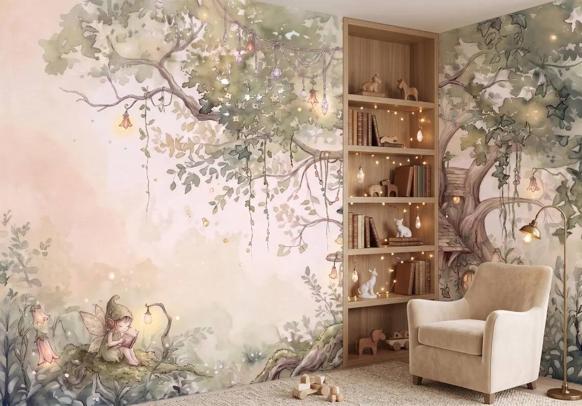 Fairy Tree House Wallpaper Mural Enchanted Forest Nursery Wall Decor Watercolor Fantasy Kids Room Wallpaper Peel Stick