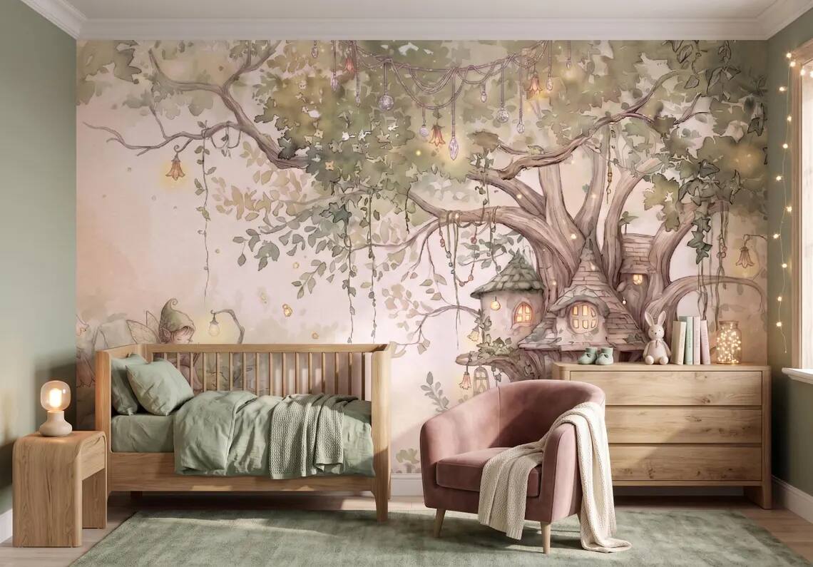 Fairy Tree House Wallpaper Mural Enchanted Forest Nursery Wall Decor Watercolor Fantasy Kids Room Wallpaper Peel Stick