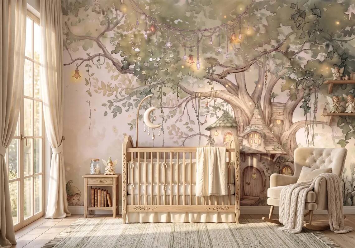 Fairy Tree House Wallpaper Mural Enchanted Forest Nursery Wall Decor Watercolor Fantasy Kids Room Wallpaper Peel Stick