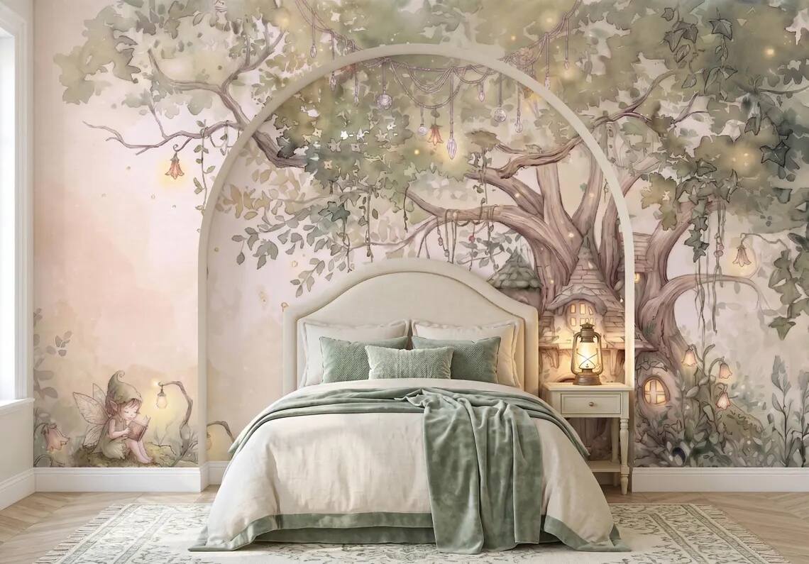 Fairy Tree House Wallpaper Mural Enchanted Forest Nursery Wall Decor Watercolor Fantasy Kids Room Wallpaper Peel Stick
