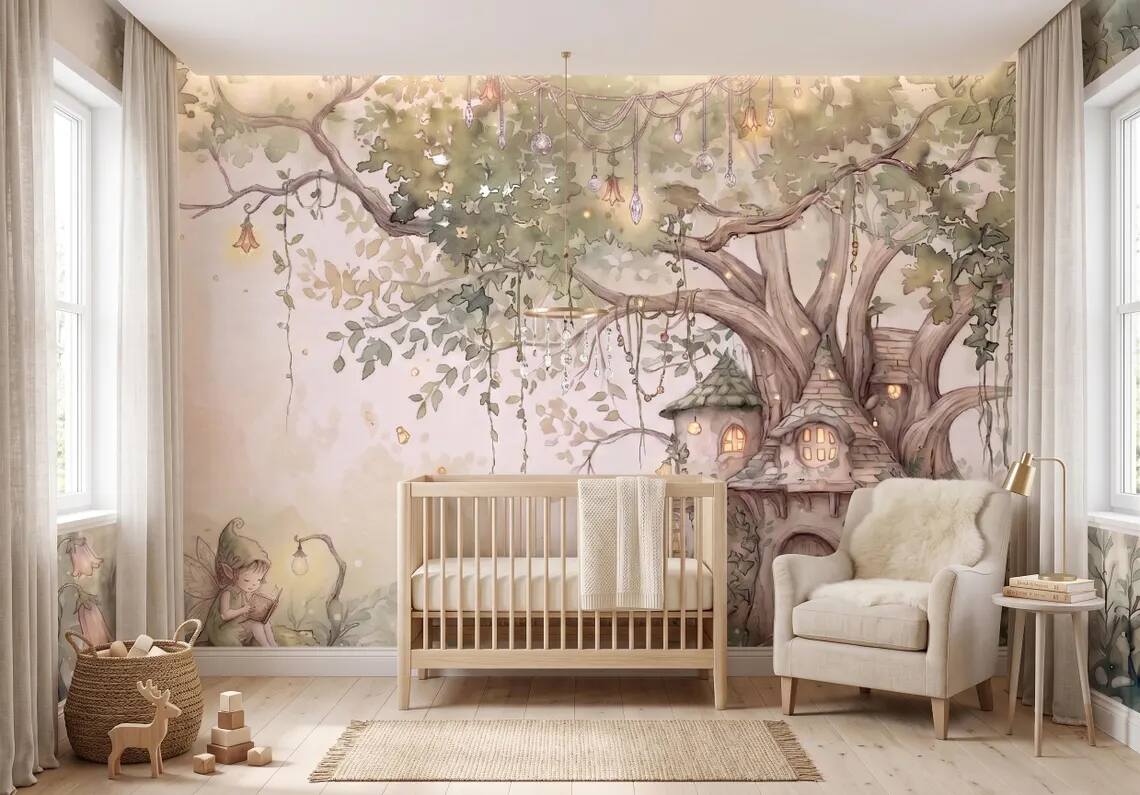 Fairy Tree House Wallpaper Mural Enchanted Forest Nursery Wall Decor Watercolor Fantasy Kids Room Wallpaper Peel Stick