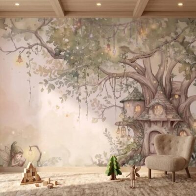 Fairy Tree House Wallpaper Mural Enchanted Forest Nursery Wall Decor Watercolor Fantasy Kids Room Wallpaper Peel Stick