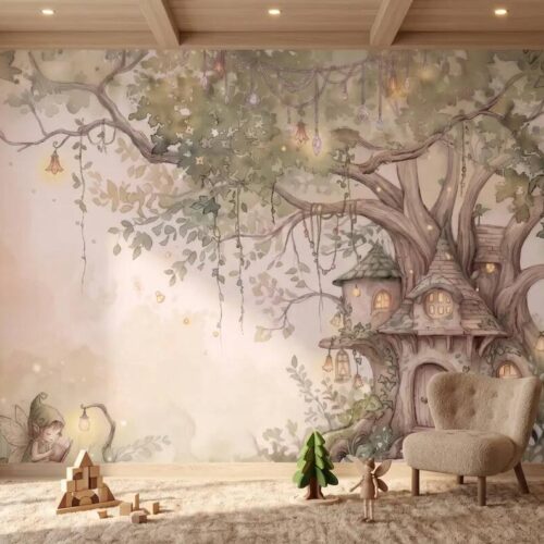 Fairy Tree House Wallpaper Mural Enchanted Forest Nursery Wall Decor Watercolor Fantasy Kids Room Wallpaper Peel Stick
