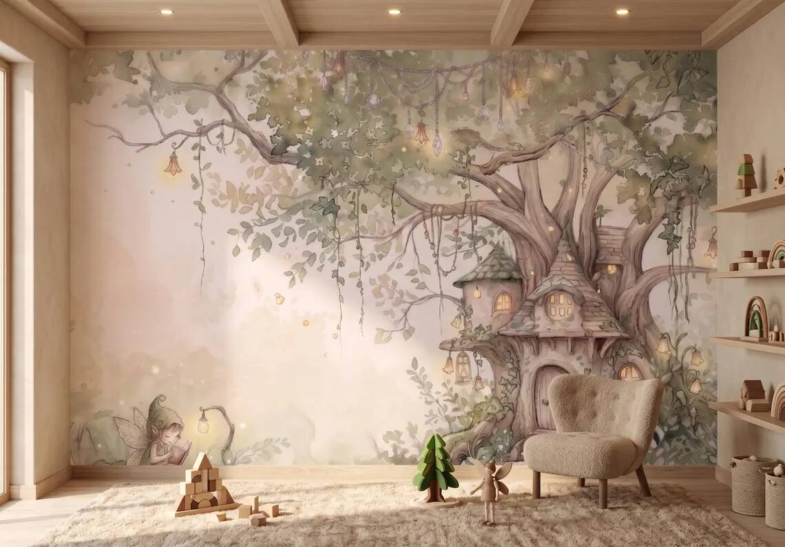 Fairy Tree House Wallpaper Mural Enchanted Forest Nursery Wall Decor Watercolor Fantasy Kids Room Wallpaper Peel Stick