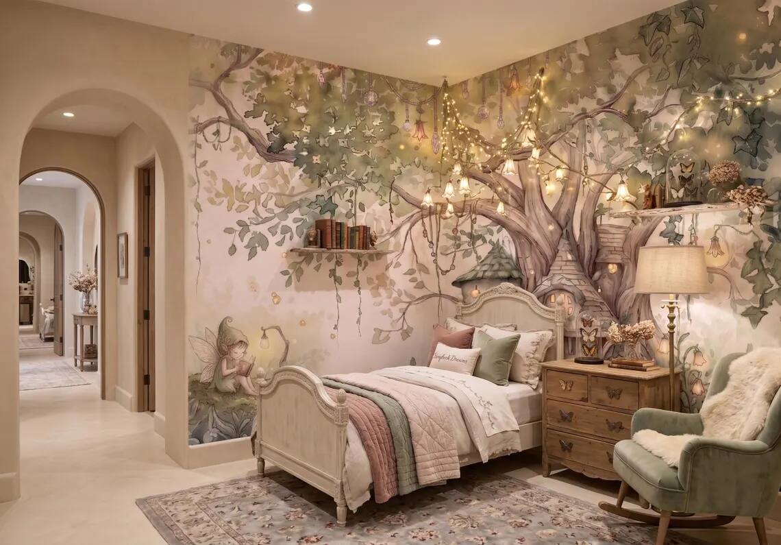 Fairy Tree House Wallpaper Mural Enchanted Forest Nursery Wall Decor Watercolor Fantasy Kids Room Wallpaper Peel Stick