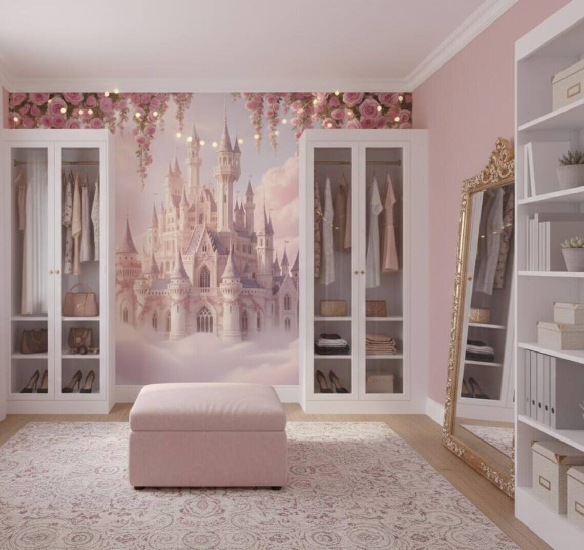 Fairytale Castle Peel And Stick Wallpaper Pink Cloud Castle Mural Floral Fantasy Kids Room Wallpaper Dreamy Girls Room Decoration