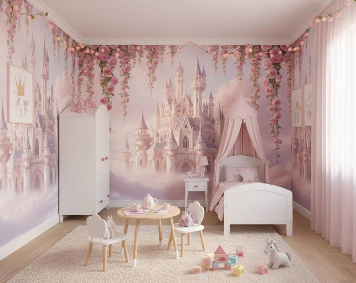 Fairytale Castle Peel And Stick Wallpaper Pink Cloud Castle Mural Floral Fantasy Kids Room Wallpaper Dreamy Girls Room Decoration