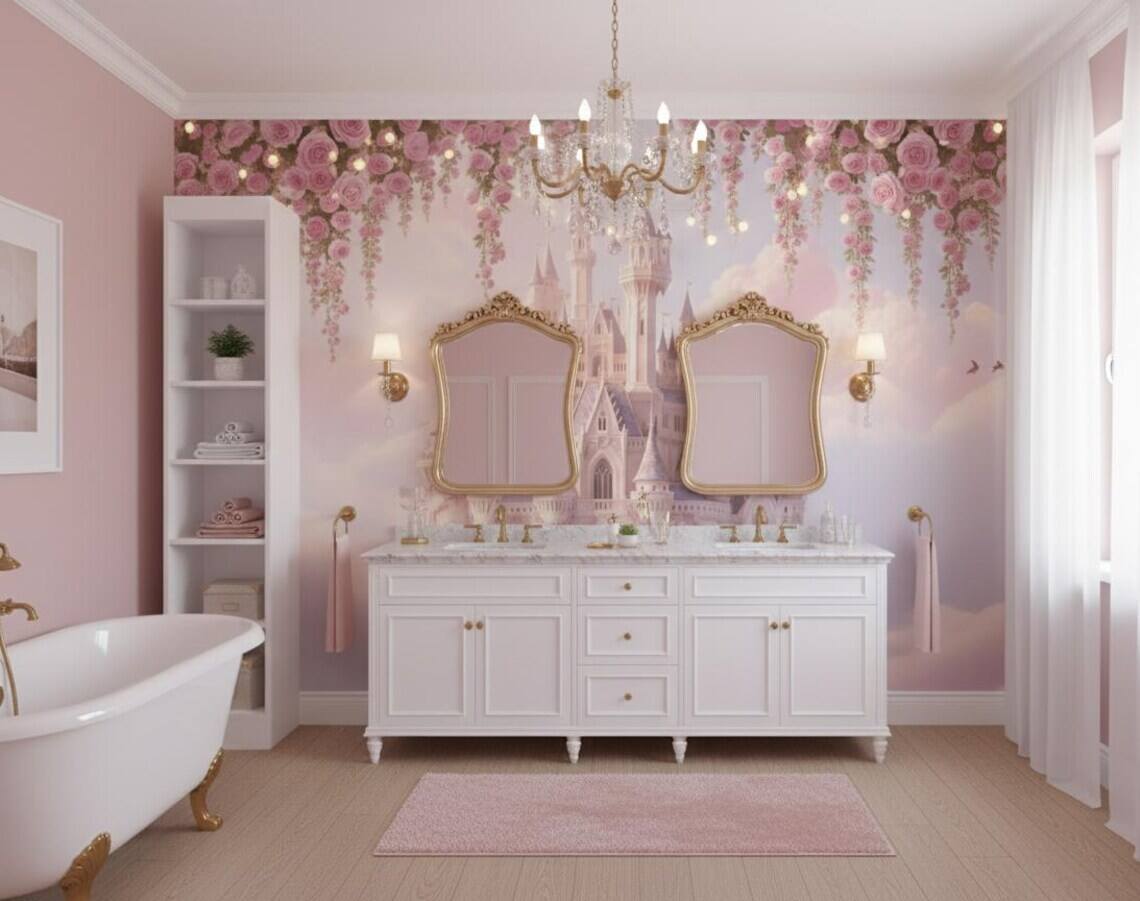Fairytale Castle Peel And Stick Wallpaper Pink Cloud Castle Mural Floral Fantasy Kids Room Wallpaper Dreamy Girls Room Decoration