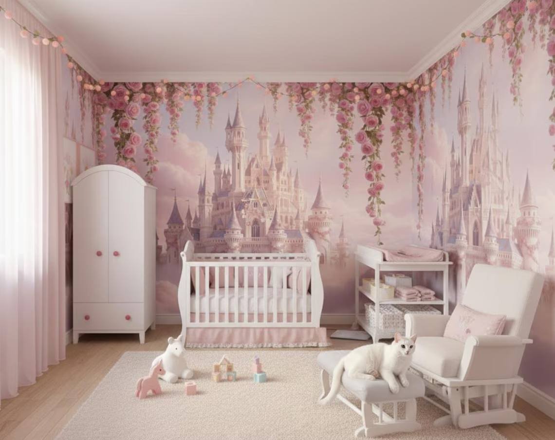 Fairytale Castle Peel And Stick Wallpaper Pink Cloud Castle Mural Floral Fantasy Kids Room Wallpaper Dreamy Girls Room Decoration