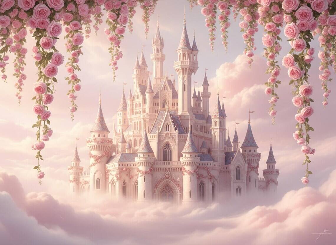 Fairytale Castle Peel And Stick Wallpaper Pink Cloud Castle Mural Floral Fantasy Kids Room Wallpaper Dreamy Girls Room Decoration