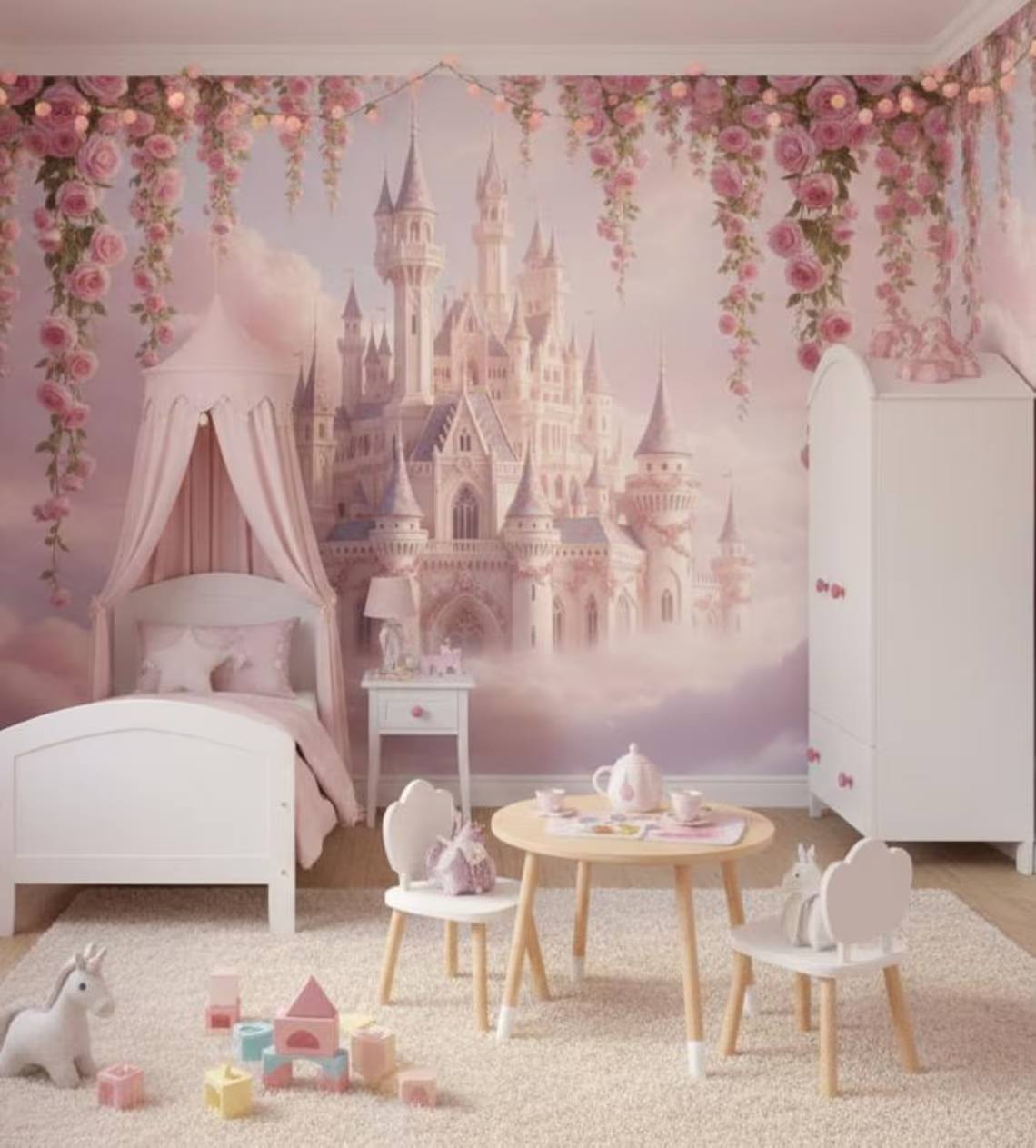 Fairytale Castle Peel And Stick Wallpaper Pink Cloud Castle Mural Floral Fantasy Kids Room Wallpaper Dreamy Girls Room Decoration