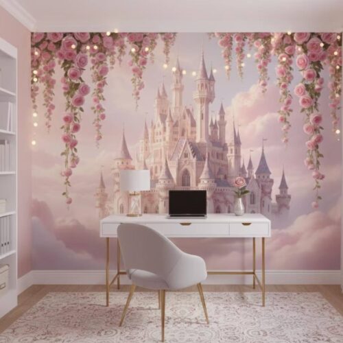 Fairytale Castle Peel And Stick Wallpaper Pink Cloud Castle Mural Floral Fantasy Kids Room Wallpaper Dreamy Girls Room Decoration