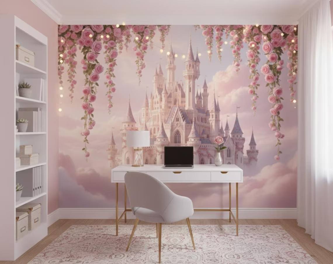 Fairytale Castle Peel And Stick Wallpaper Pink Cloud Castle Mural Floral Fantasy Kids Room Wallpaper Dreamy Girls Room Decoration