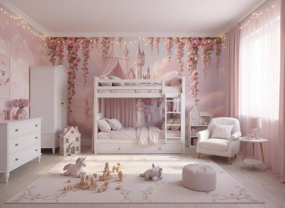 Fairytale Castle Peel And Stick Wallpaper Pink Cloud Castle Mural Floral Fantasy Kids Room Wallpaper Dreamy Girls Room Decoration