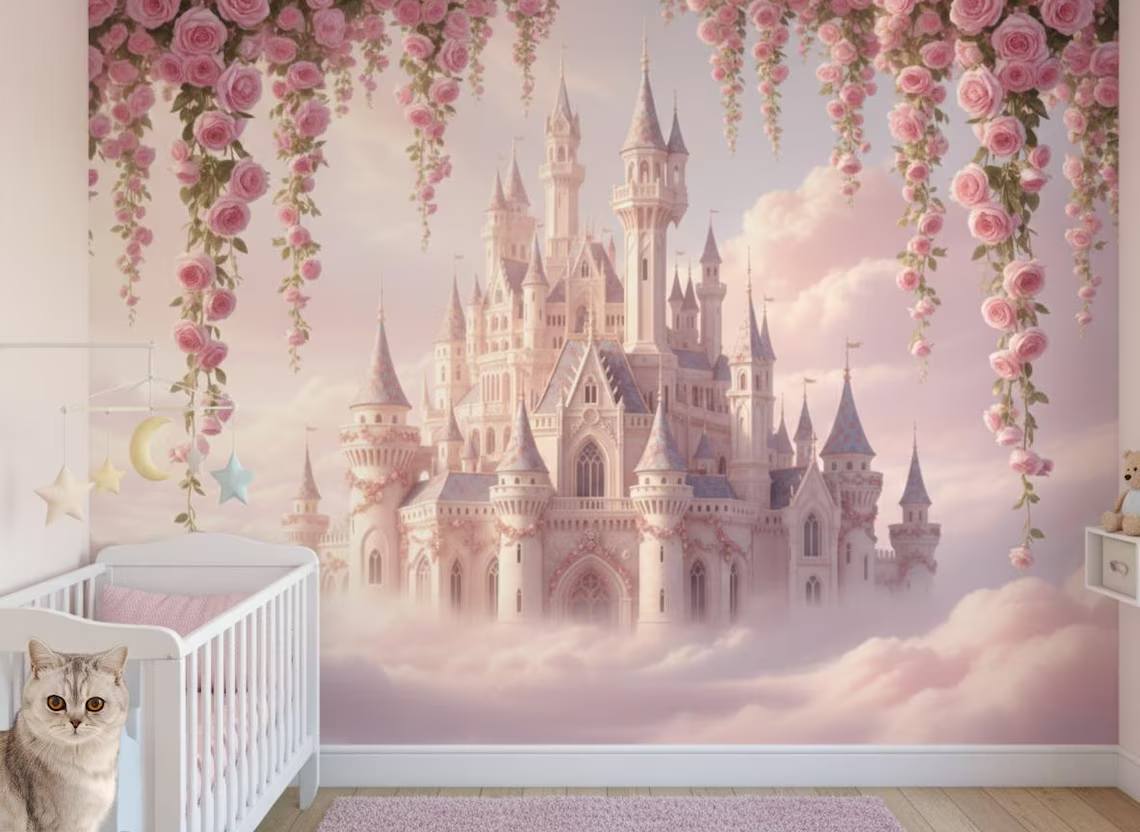 Fairytale Castle Peel And Stick Wallpaper Pink Cloud Castle Mural Floral Fantasy Kids Room Wallpaper Dreamy Girls Room Decoration