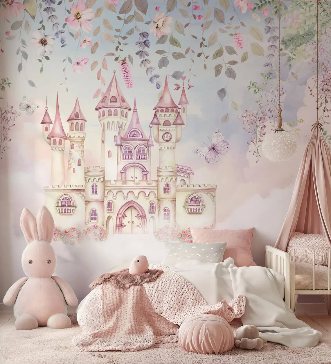 Fairytale Land Enchanted Castle Rising Among Flowers And Butterflies Peel Stick Wallpaper Nursery And Childrens Room Wallpaper