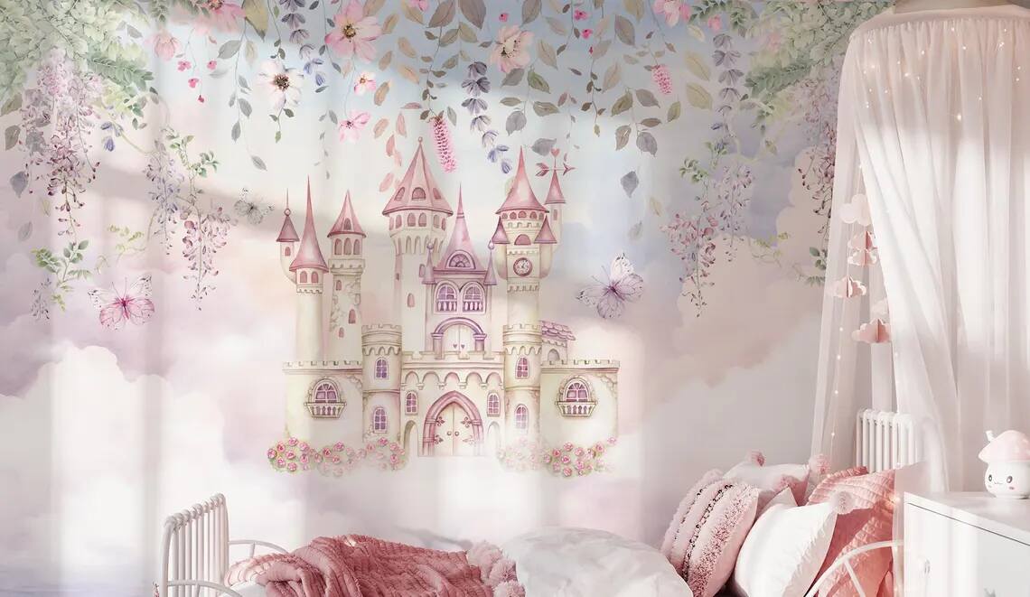 Fairytale Land Enchanted Castle Rising Among Flowers And Butterflies Peel Stick Wallpaper Nursery And Childrens Room Wallpaper
