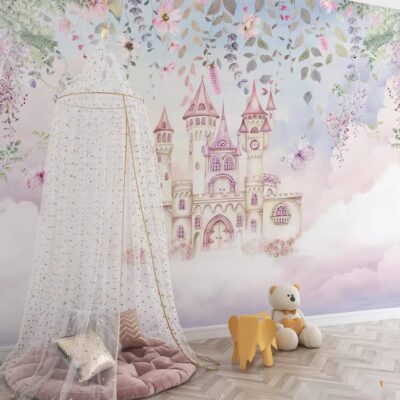 Fairytale Land Enchanted Castle Rising Among Flowers And Butterflies Peel Stick Wallpaper Nursery And Childrens Room Wallpaper