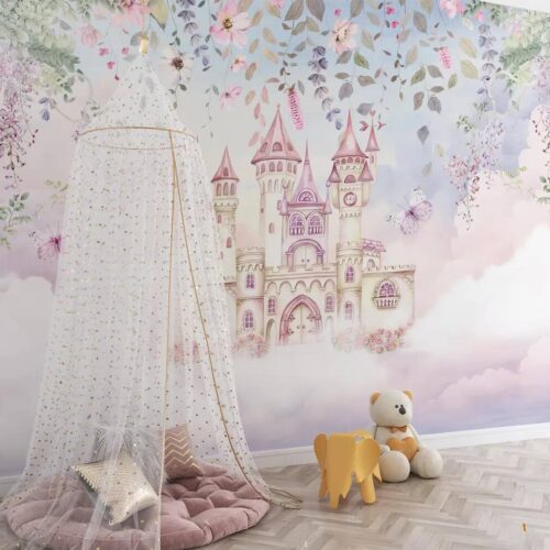 Fairytale Land Enchanted Castle Rising Among Flowers And Butterflies Peel Stick Wallpaper Nursery And Childrens Room Wallpaper