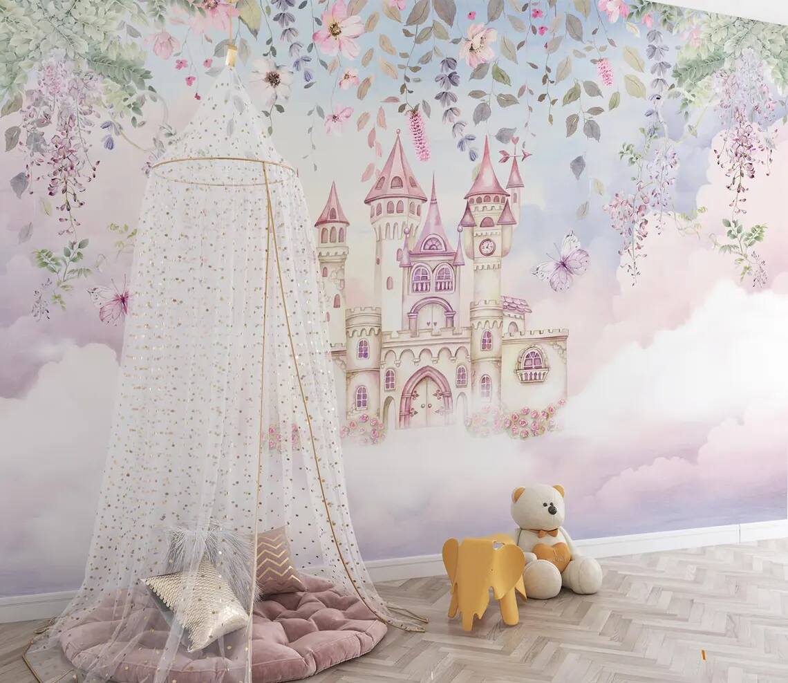 Fairytale Land Enchanted Castle Rising Among Flowers And Butterflies Peel Stick Wallpaper Nursery And Childrens Room Wallpaper