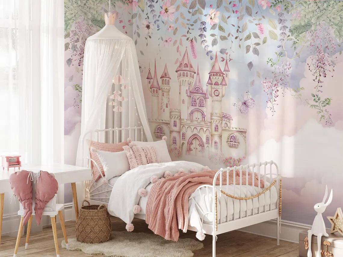 Fairytale Land Enchanted Castle Rising Among Flowers And Butterflies Peel Stick Wallpaper Nursery And Childrens Room Wallpaper