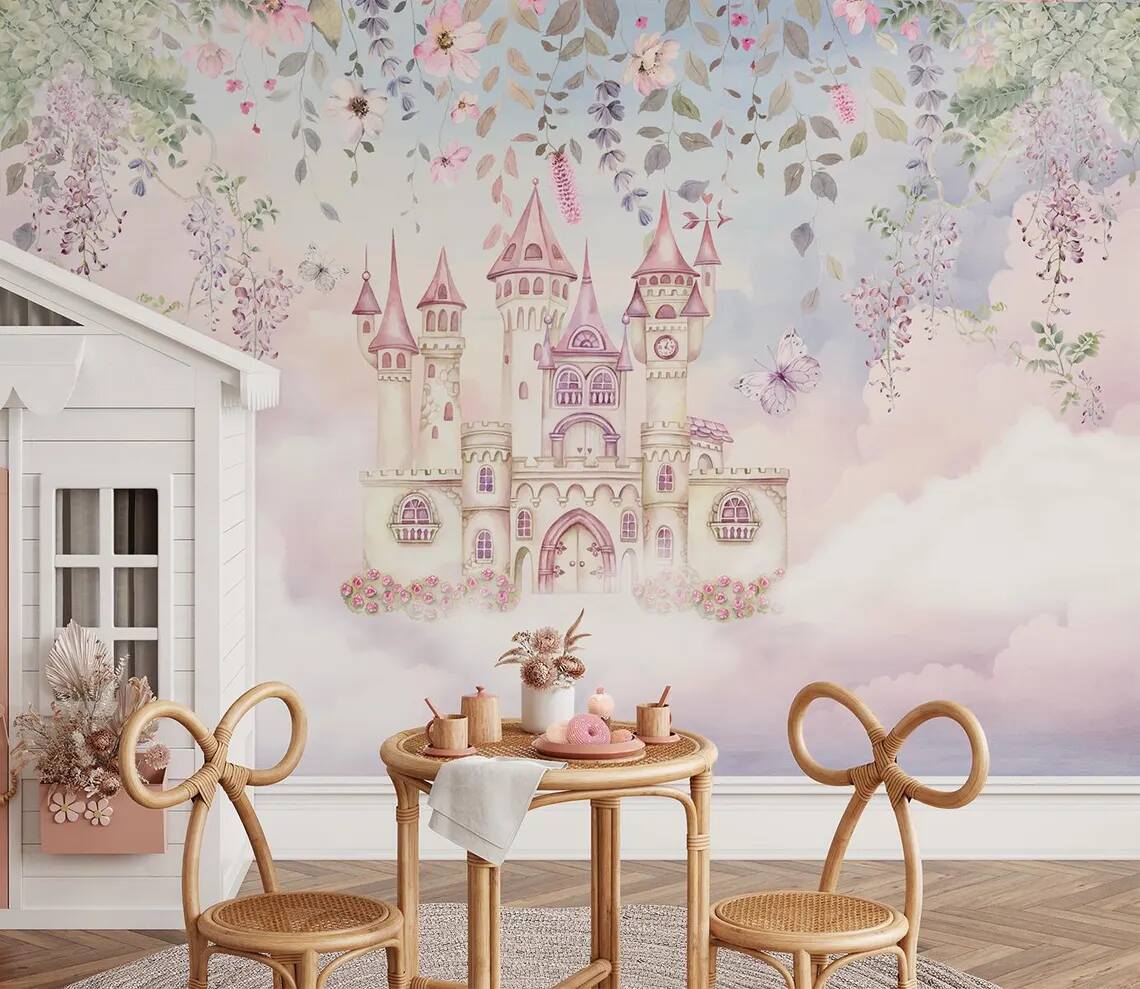 Fairytale Land Enchanted Castle Rising Among Flowers And Butterflies Peel Stick Wallpaper Nursery And Childrens Room Wallpaper