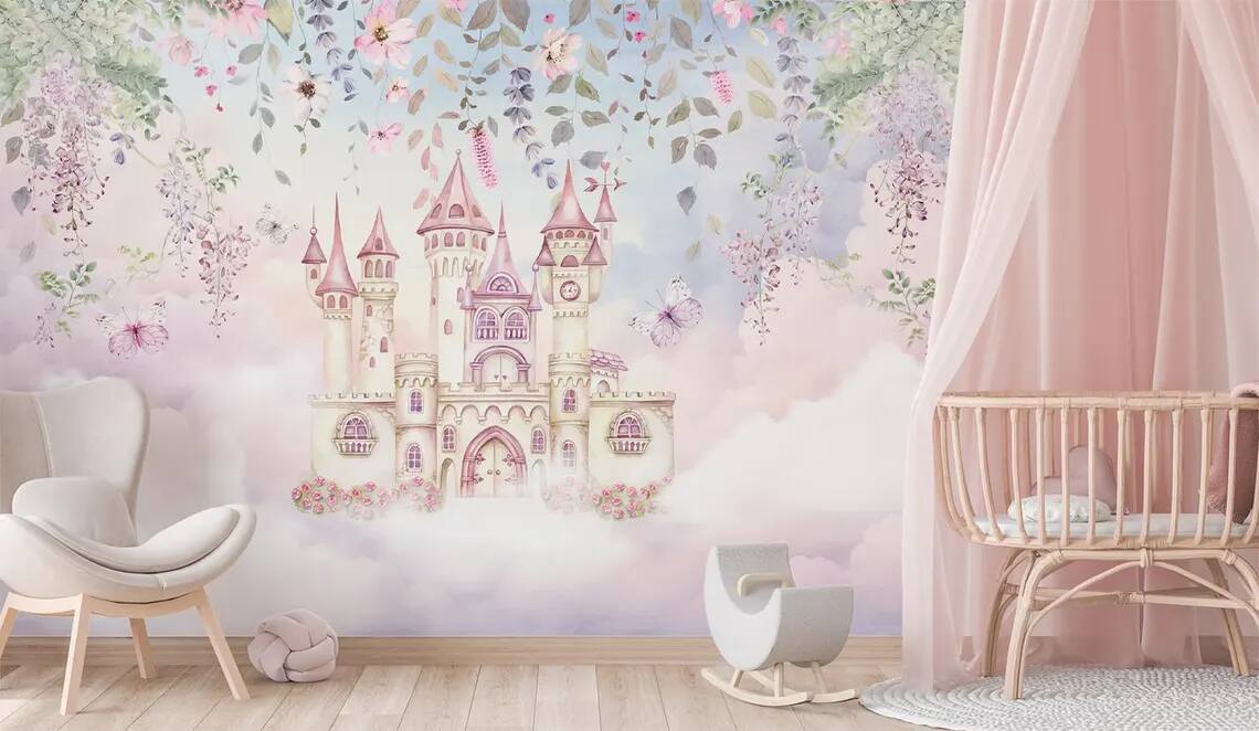 Fairytale Land Enchanted Castle Rising Among Flowers And Butterflies Peel Stick Wallpaper Nursery And Childrens Room Wallpaper
