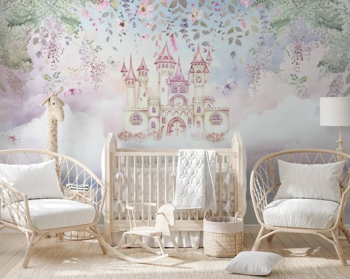 Fairytale Land Enchanted Castle Rising Among Flowers And Butterflies Peel Stick Wallpaper Nursery And Childrens Room Wallpaper