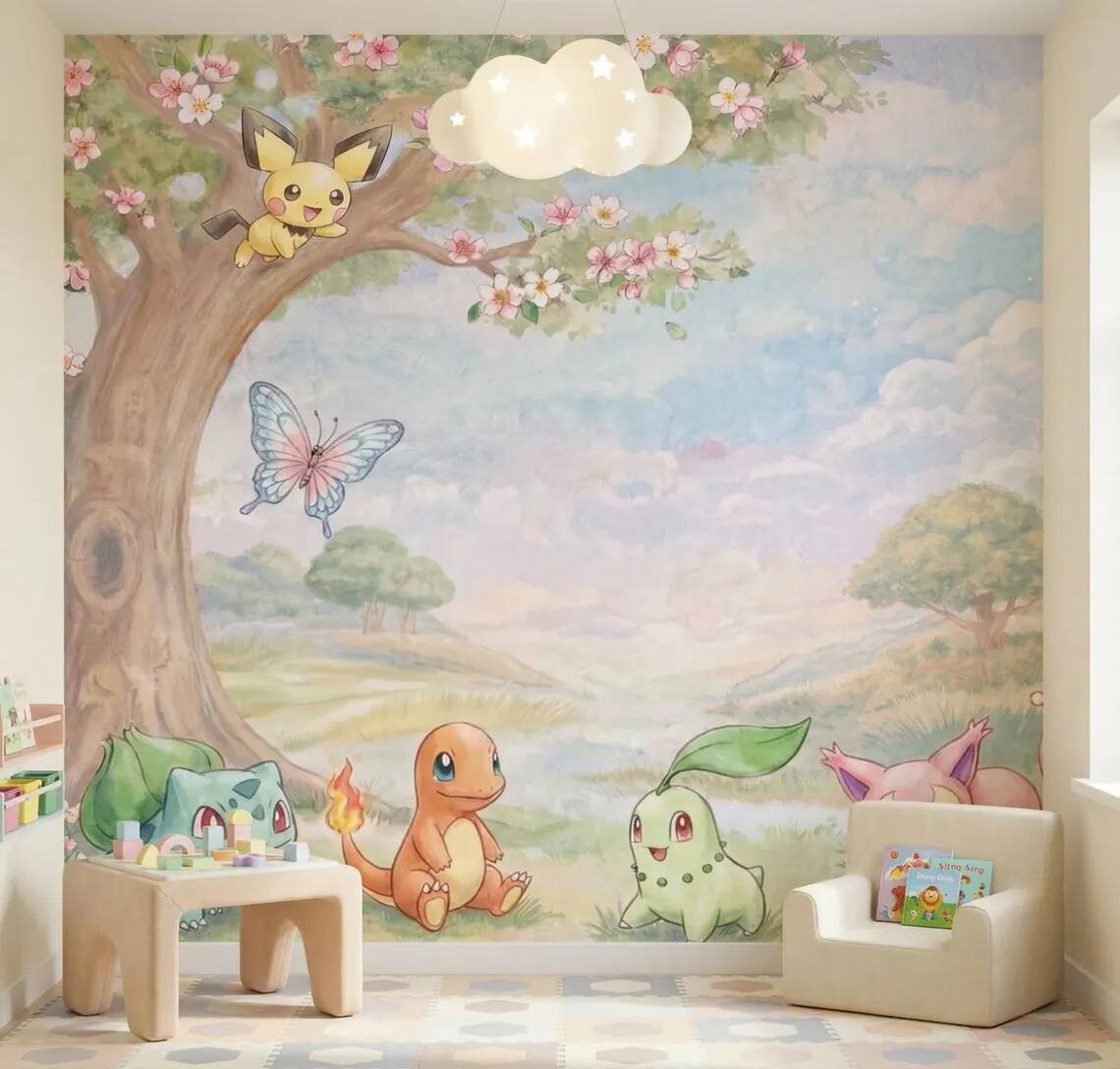 Fantasy Creatures Watercolor Mural Pastel Nature Kids Room Wallpaper Peel And Stick