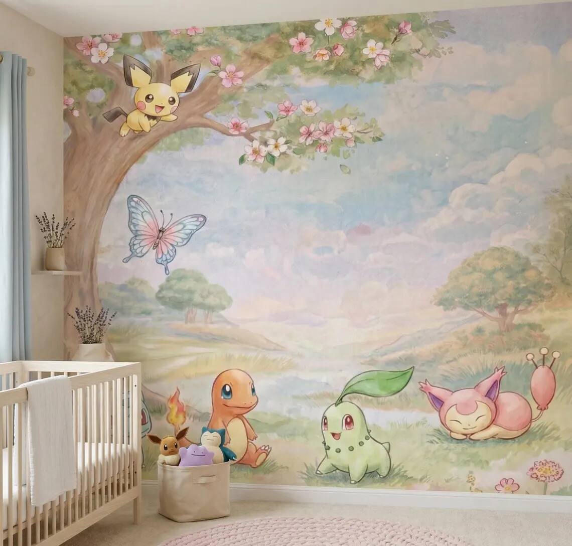 Fantasy Creatures Watercolor Mural Pastel Nature Kids Room Wallpaper Peel And Stick