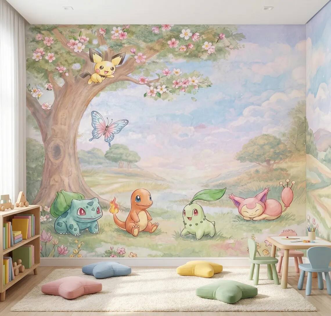 Fantasy Creatures Watercolor Mural Pastel Nature Kids Room Wallpaper Peel And Stick