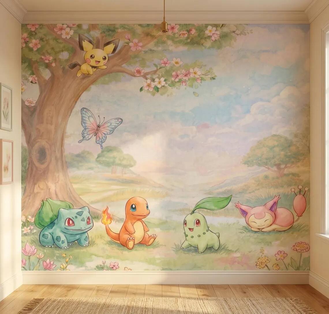 Fantasy Creatures Watercolor Mural Pastel Nature Kids Room Wallpaper Peel And Stick