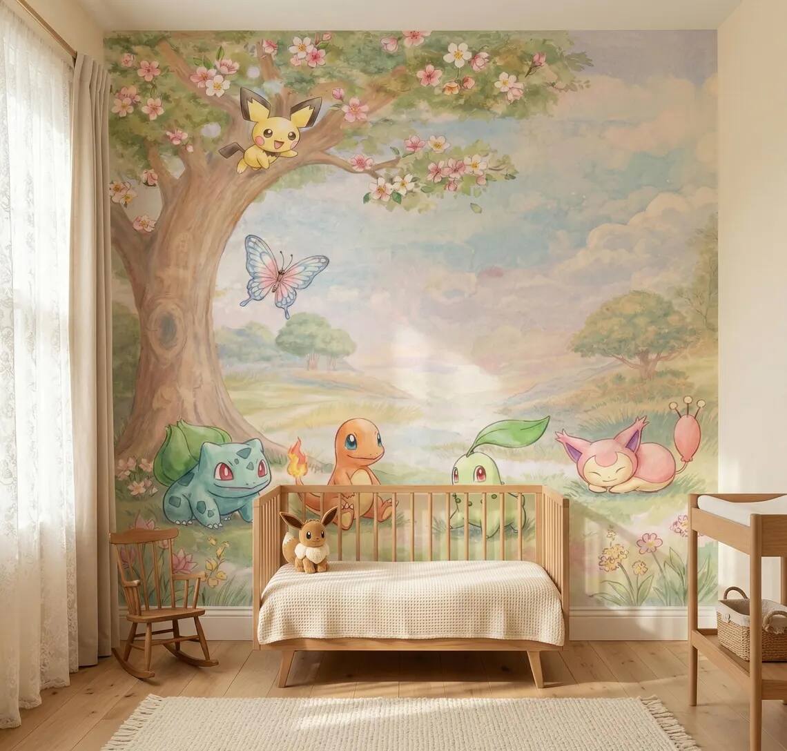 Fantasy Creatures Watercolor Mural Pastel Nature Kids Room Wallpaper Peel And Stick