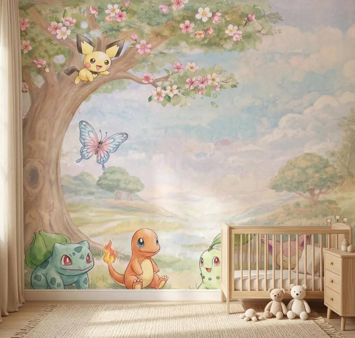 Fantasy Creatures Watercolor Mural Pastel Nature Kids Room Wallpaper Peel And Stick