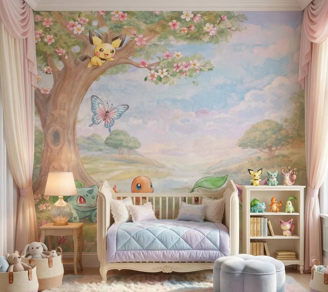 Fantasy Creatures Watercolor Mural Pastel Nature Kids Room Wallpaper Peel And Stick