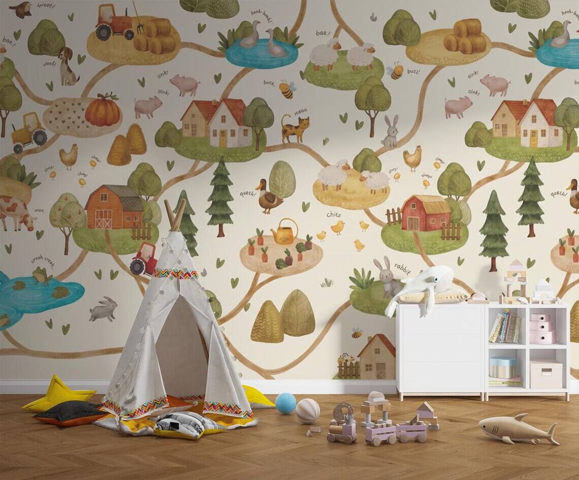 Farm Animals Nursery Wallpaper Farmhouse Road Map Peel And Stick