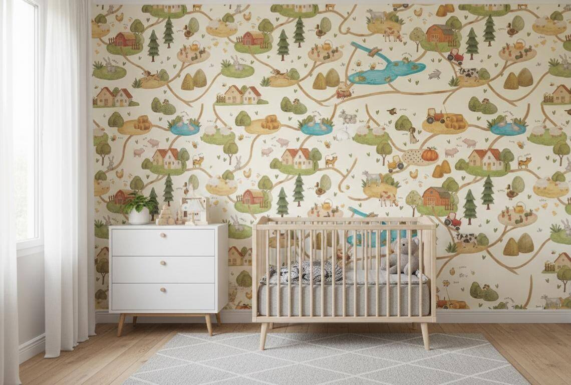 Farm Animals Nursery Wallpaper Farmhouse Road Map Peel And Stick