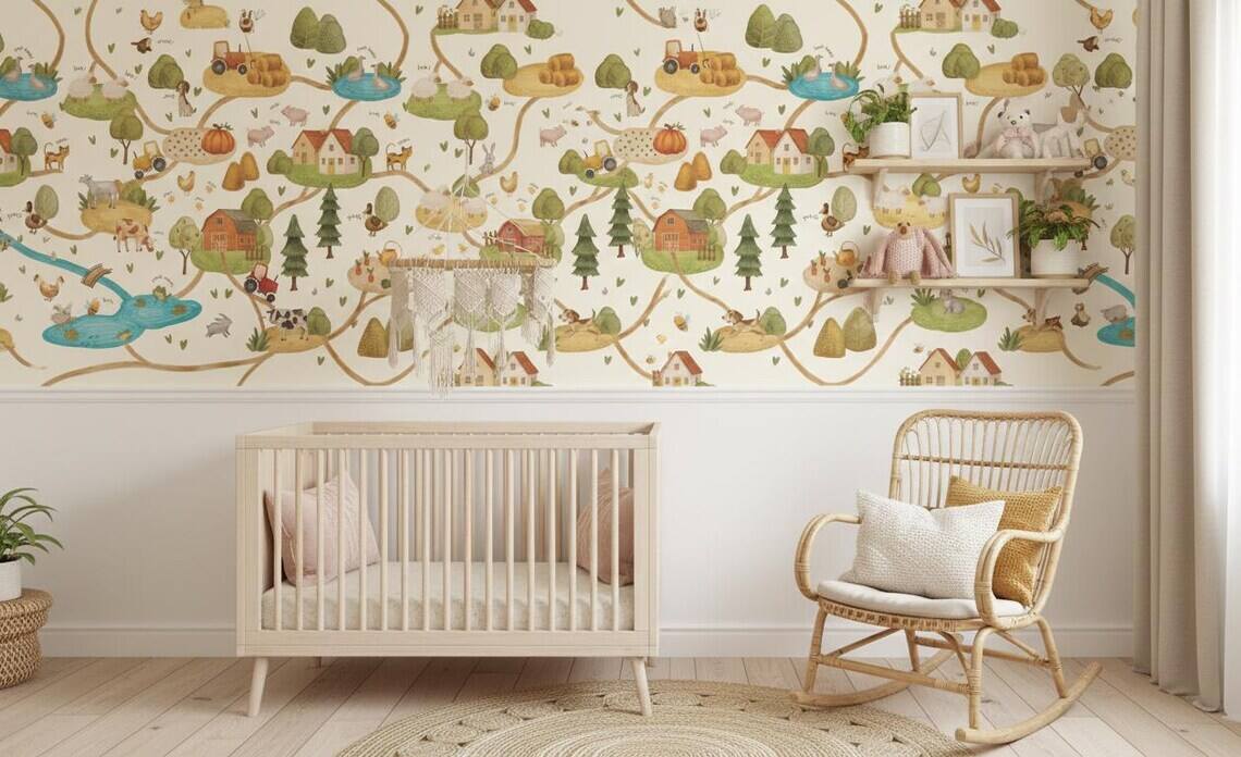 Farm Animals Nursery Wallpaper Farmhouse Road Map Peel And Stick