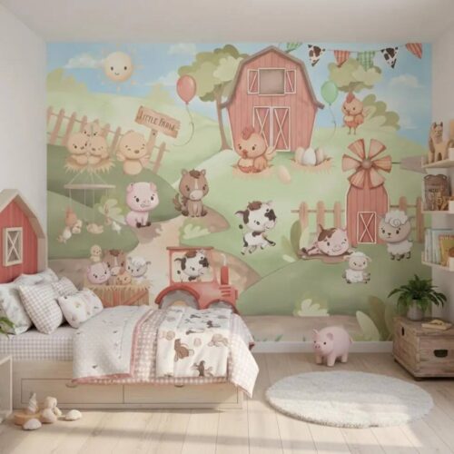 Farm Nursery Wallpaper Cute Baby Farm Animals Wall Mural Pastel Kids Room Decor Watercolor Farm Wallpaper