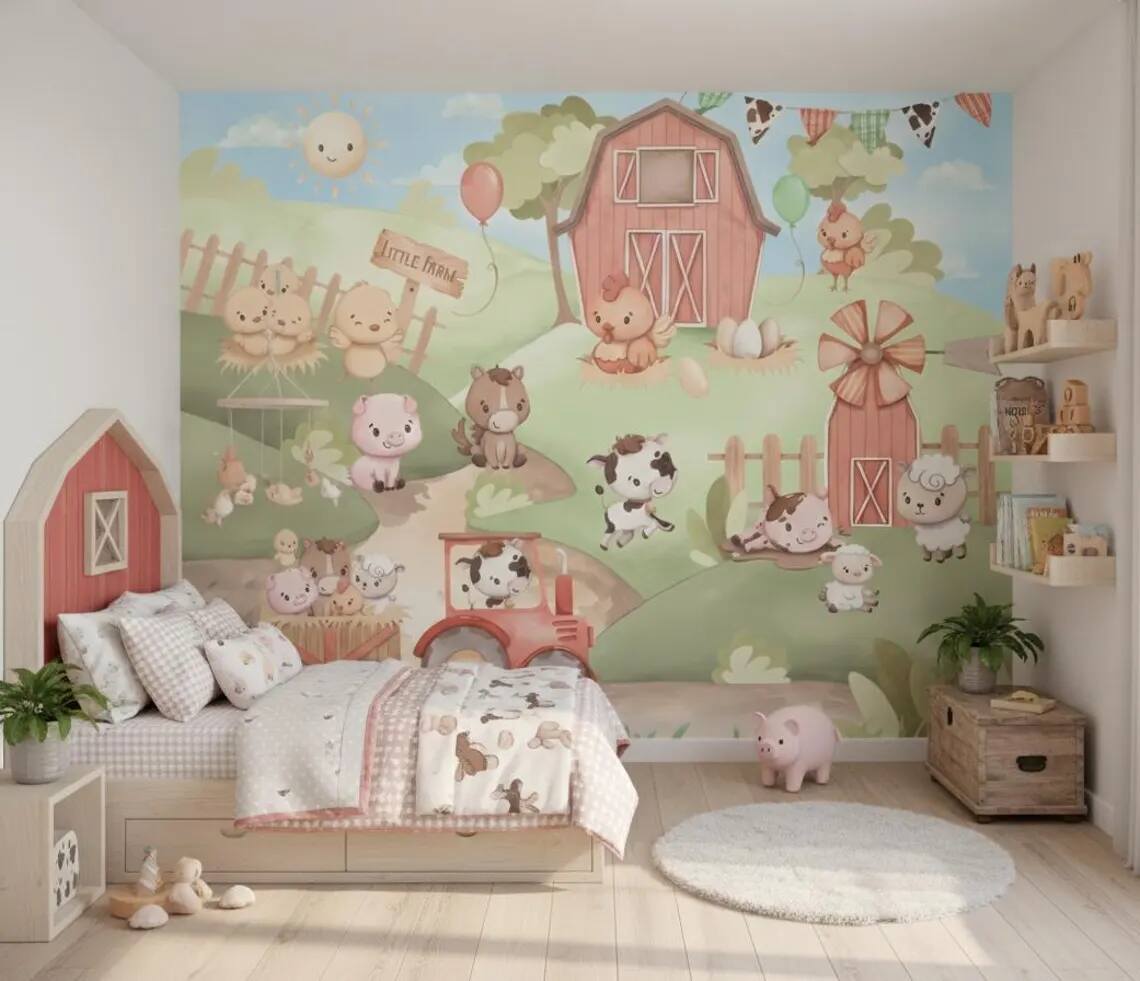 Farm Nursery Wallpaper Cute Baby Farm Animals Wall Mural Pastel Kids Room Decor Watercolor Farm Wallpaper