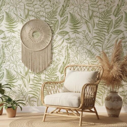 Fern Botanical Line Art Wallpaper Sage Green Leaves Peel And Stick Floral Wall Mural