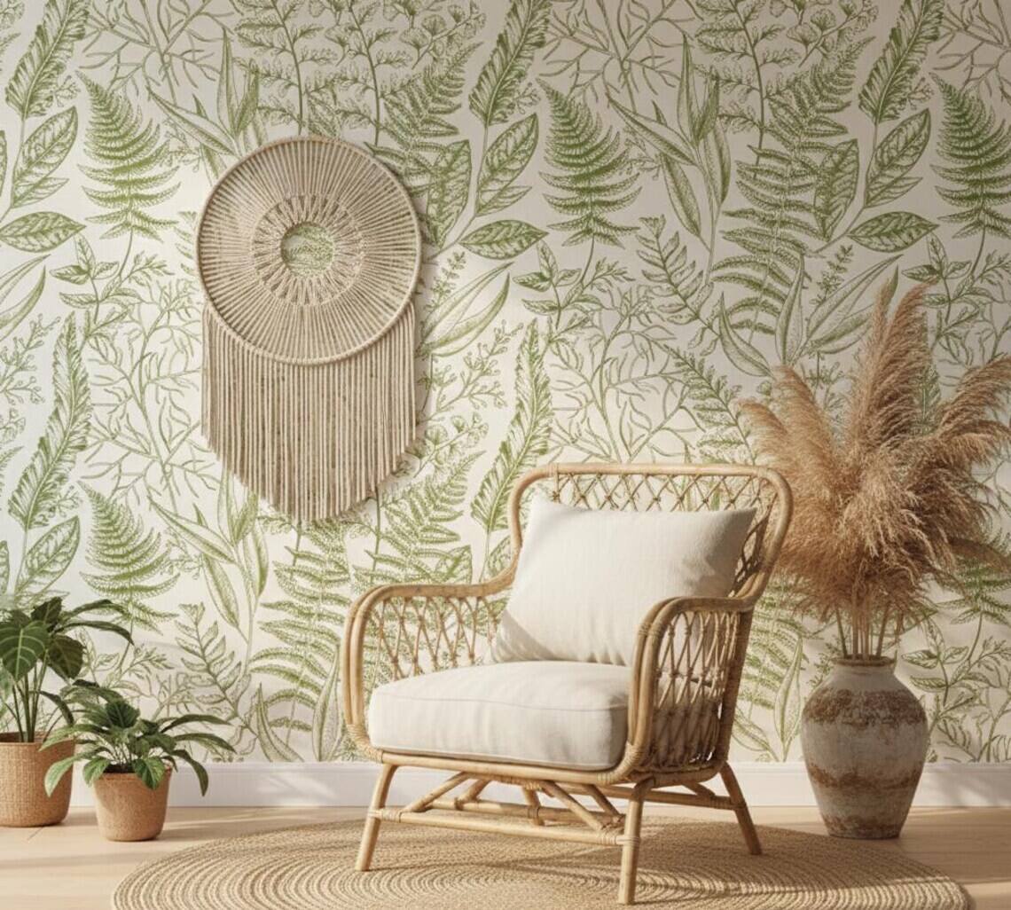 Fern Botanical Line Art Wallpaper Sage Green Leaves Peel And Stick Floral Wall Mural