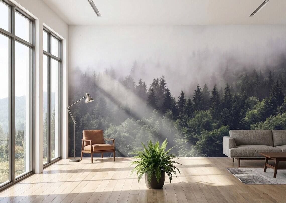 Foggy Forest Wallpaper Moody Pine Trees Wall Mural Dark Green Nature Landscape Scandinavian Style