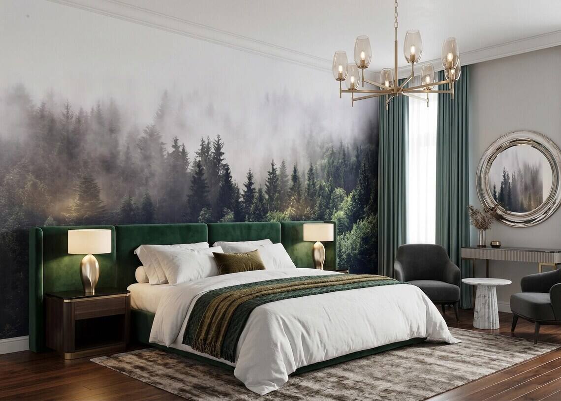 Foggy Forest Wallpaper Moody Pine Trees Wall Mural Dark Green Nature Landscape Scandinavian Style