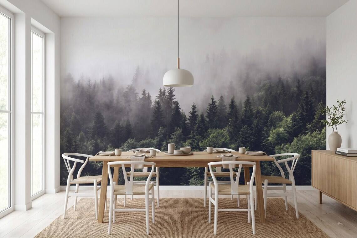 Foggy Forest Wallpaper Moody Pine Trees Wall Mural Dark Green Nature Landscape Scandinavian Style