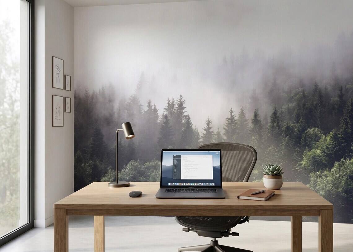 Foggy Forest Wallpaper Moody Pine Trees Wall Mural Dark Green Nature Landscape Scandinavian Style