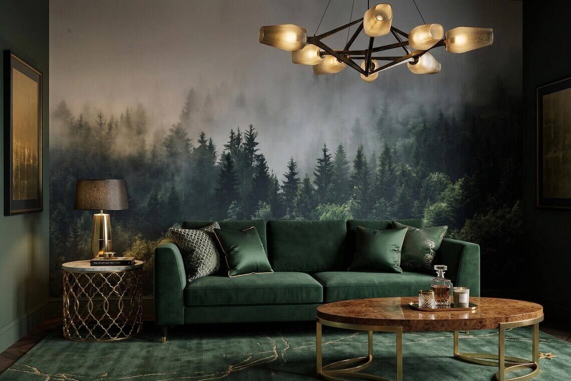 Foggy Forest Wallpaper Moody Pine Trees Wall Mural Dark Green Nature Landscape Scandinavian Style